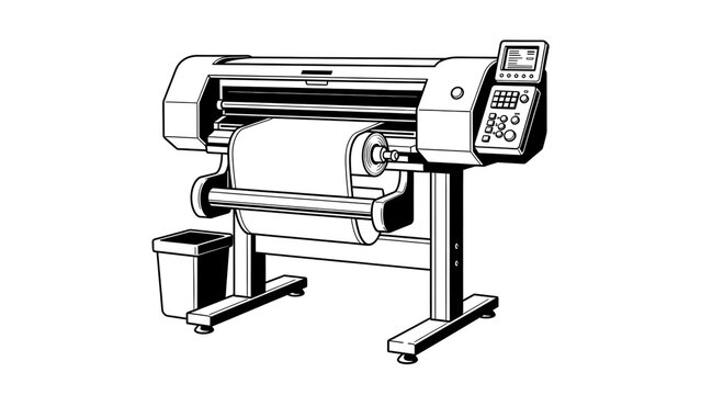 A large format printer with a control panel and paper roll