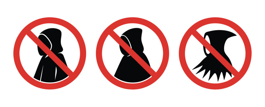 Prohibition clothing signs vector set, warning icons with black silhouettes indicating no capes no masks and no magician costume entry rules.