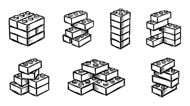 Set of hand-drawn toy building blocks arranged in various stacks, towers, and structures, rendered in a simple black and white sketch style for creative concepts