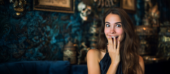 Fototapeta premium Portrait of a surprised young woman covering her mouth with her hand in a luxury vintage interior