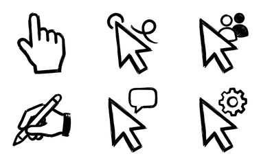 Collection of hand drawn cursor icons in a sketchy doodle style, including pointing hand, arrow, writing, settings, user, and chat symbols for user interface design
