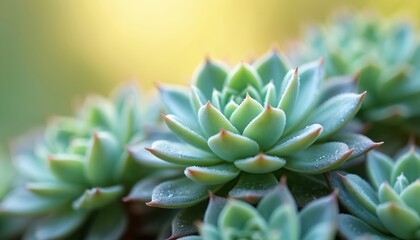 Close up of grouped succulent plants with water droplets on green blue leaves. Soft yellow light shines from above. Many plants layered together in garden.
