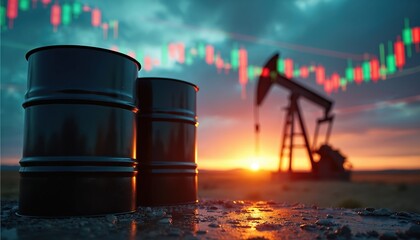 Fototapeta na wymiar Oil barrels stand near pumpjack with stock market chart overlay at sunset. Crude oil extraction and energy trade analysis. Fossil fuel industry finance.