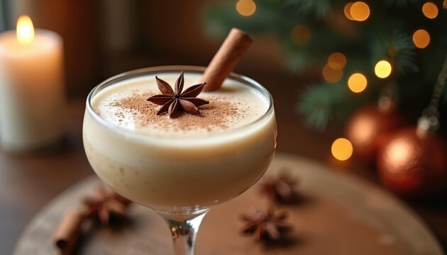 Creamy coquito cocktail in glass with cinnamon stick and star anise. Festive drink with creamy texture, dusted with cocoa powder. Cozy holiday beverage, perfect for winter celebrations and parties.