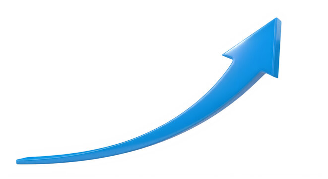 A blue arrow pointing upwards in a curved motion isolated on transparent background