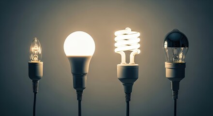 Four different light bulbs illuminated against a dark background incandescent bulb led bulb fluorescent bulb