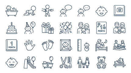 Fototapeta premium Minimalist line art icons for baby and parenting, black and white, simple illustrations