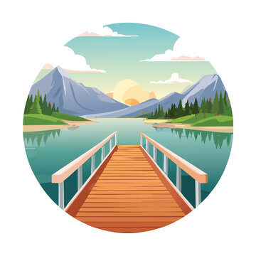Scenic landscape with pier and mountains under sunrise