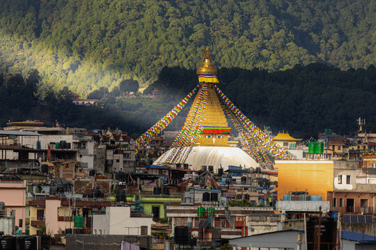 Golden Ray of Light Shining on Boudhanath Stupa | Sacred Buddhist Temple in Nepal