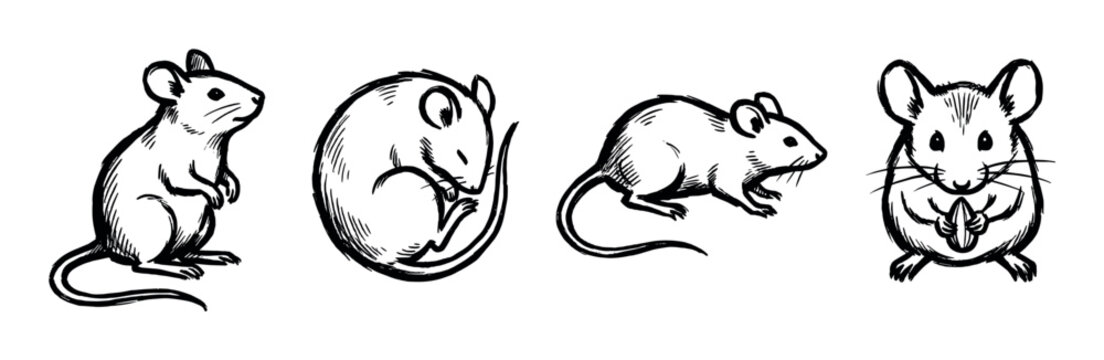 Four cute hand-drawn mouse illustrations in various poses, including standing, sleeping, running, and eating a seed, rendered in a black ink sketch style with expressive lines