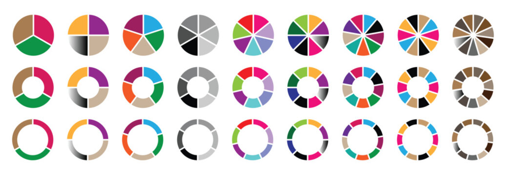 Circle pie chart, Pie charts diagrams. donut and pie chart infographic elements set, Colorful diagram collection with sections or steps 3,4,56,7,8,9,10,11,12,segment infographic. 