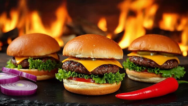 Three cheeseburgers with flames in background