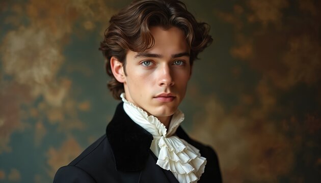 Young man wears vintage black jacket ruffled white cravat. He has wavy brown hair blue eyes. Artistic textured background. Elegant pose captures historical fashion style.