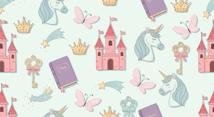 Whimsical Unicorns Castles Crowns Fantasy Illustration. © A B I G A I L
