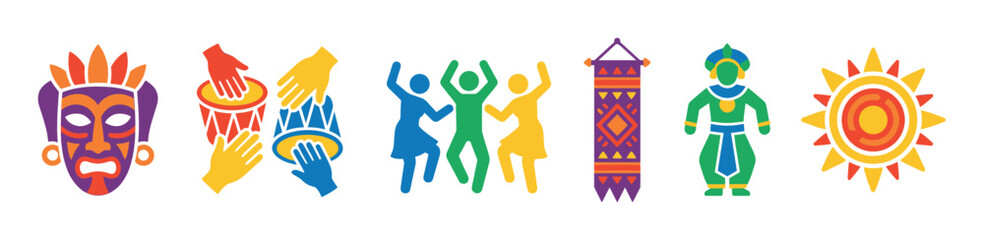 Obraz premium Set of vibrant cultural celebration icons featuring a ceremonial mask, people dancing, hands playing drums, a decorative banner, a traditional costume, and a stylized sun