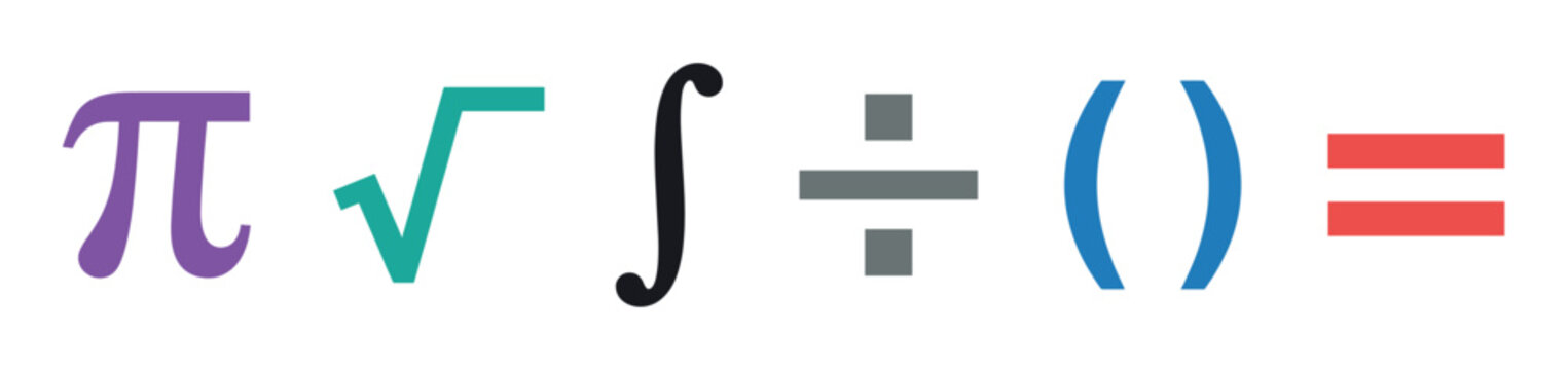 Set of colorful mathematical symbols including pi, square root, integral, division, parentheses, and equals sign arranged in a horizontal row in a flat design style