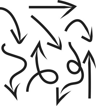 A diverse set of hand drawn black arrows pointing in various directions on a white surface
