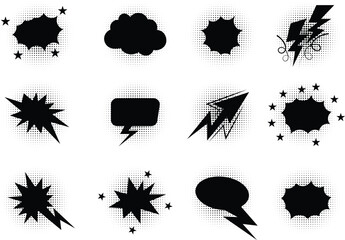 Collection of twelve dynamic comic book style speech bubbles and explosion graphics for design © MDAmanullah