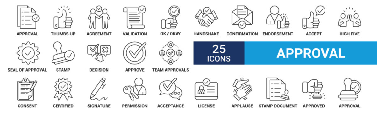Approval icon set. Containing accept, certified, thumps up, agreement, approve, validation, seal approved, confirmation and decision icons. Outline icon set. Vector illustration.