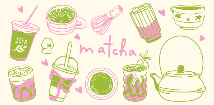 Cute matcha stickers set in hand drawn style. Fresh drink, teapots, bowls, and tea tools. Minimal doodle beverage illustrations for planners, cafe menus, scrapbooking, packaging, ads.