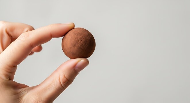 Hand holding chocolate truffle without coating