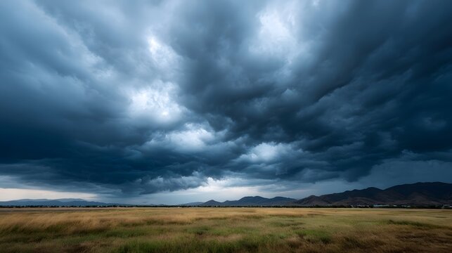 Dramatic storm clouds gather over a golden grassy plain with distant mountains