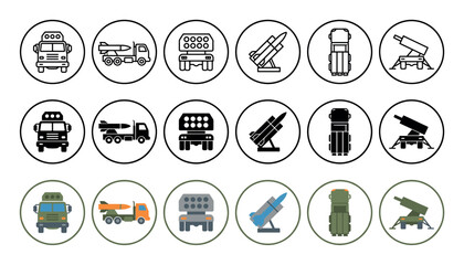 Fototapeta premium Various military vehicle and weapon icons are presented in a grid, showcasing different design styles including outline, solid, and flat colored illustrations, suitable for defense-related graphics