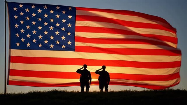 Soldiers saluting flag in sunset