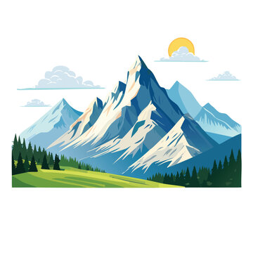 Stylized mountain range with sun and clouds illustration