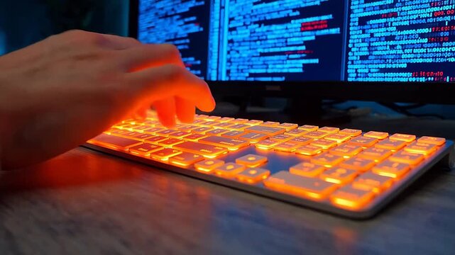 Person typing on illuminated keyboard