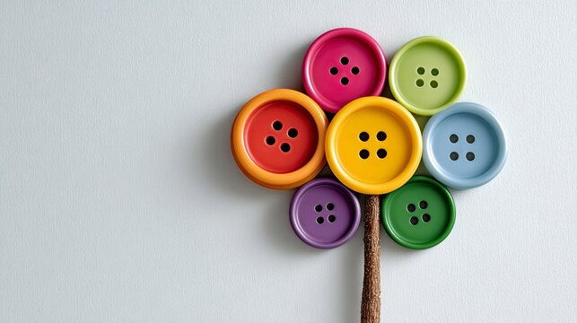 Colorful buttons arranged in the shape of a tree on a light background, featuring various sizes and colors including red, yellow, green, and blue