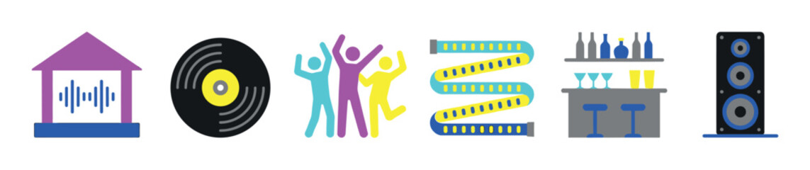 Colorful flat vector icons depicting various party elements including a music studio, vinyl record, dancing people, string lights, a bar, and a large speaker, presented in a modern, minimalist style