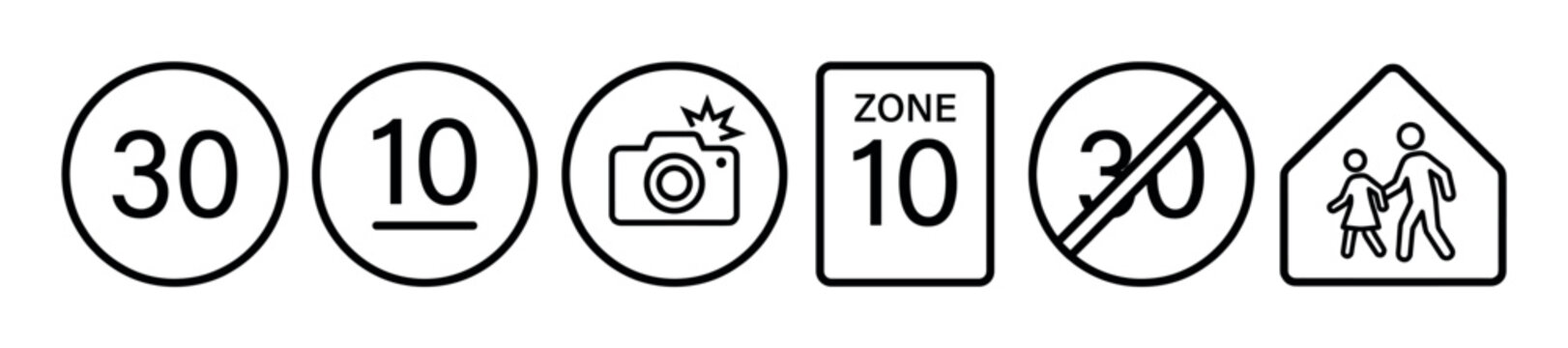 Six black outline road traffic icons illustrate various speed limits, enforcement, and pedestrian zones, presented as clear vector graphics with a minimalist design