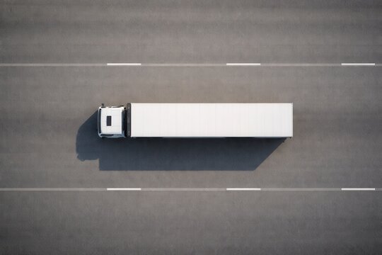Aerial view of a white semi-truck driving on a multi-lane highway with clear lane markings and shadows.