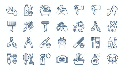 Fototapeta premium Minimalist line art icons for pet grooming and care, simple black illustrations on white background