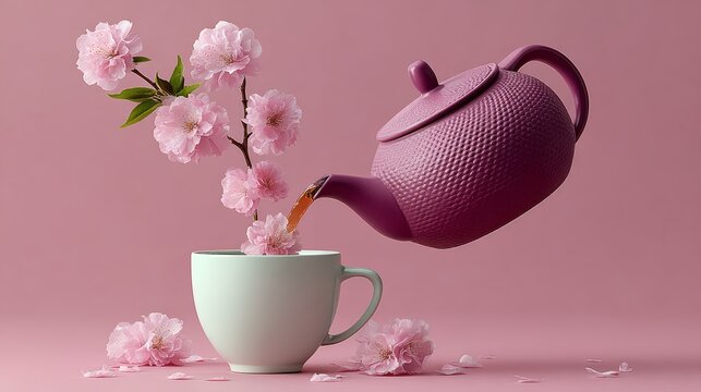 Teapot pouring tea into a white cup with cherry blossom flowers, pink background, showcasing a harmonious blend of nature and tea culture in a minimalist setting