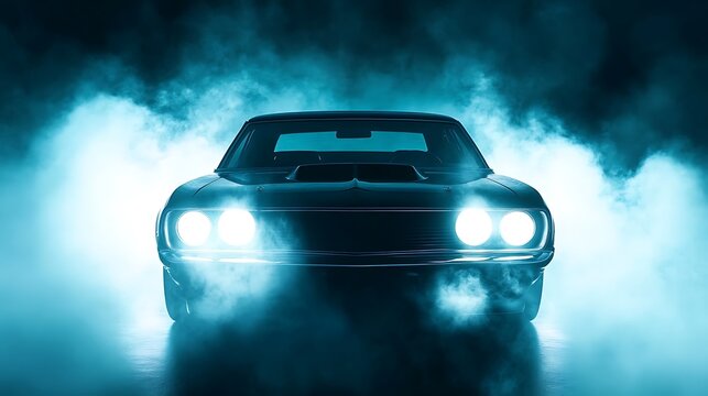 Smoky night drive muscle car headlights shine bright photo
