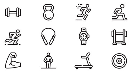 Fitness symbols set including dumbbells kettlebell running person jump rope treadmill and smartwatch © Masudur