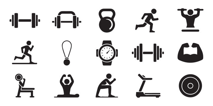 Gym equipment icons dumbbells kettlebell person lifting weights running treadmill and arm curl