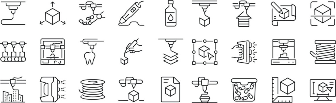 Set of outline icons related to 3d printing. Linear icon collection. Editable stroke. Vector