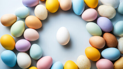 Colorful pastel Easter eggs arranging in a circular frame with a prominent white egg centered, symbolizing focus and inclusion