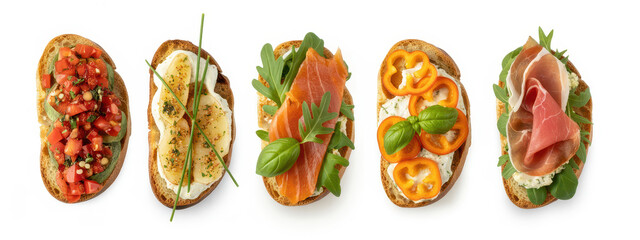 Various bruschetta toppings on toasted bread tomatoes