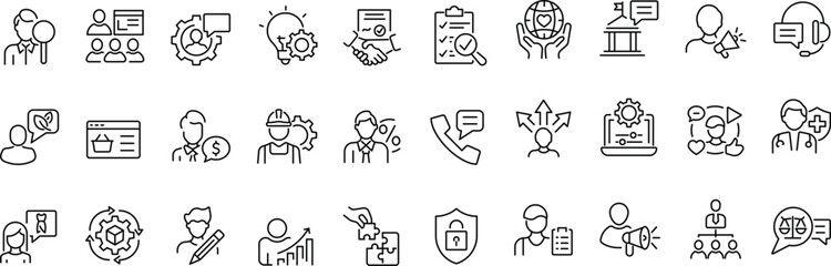 Set of outline icons related to consulting. Linear icon collection. Editable stroke. Vector