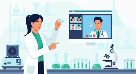 Female Medical Professional Engages in Telemedicine Consultation from Laboratory