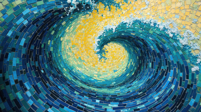 Abstract mosaic wall art features blue green yellow tiles forming wave spiral. White foam accents create dynamic ocean energy. This colorful circular pattern resembles a swirling motion.