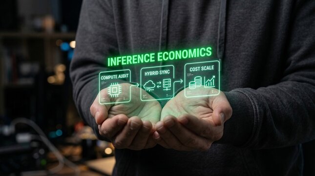 Person presenting inference economics concept with glowing icons