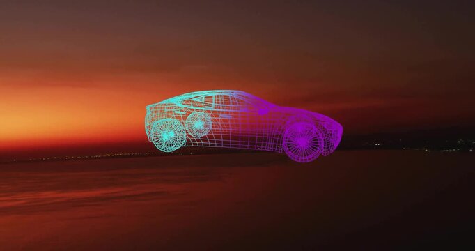 Vertical video: Animating neon wireframe car rotating over water at dusk, revealing wheel detail