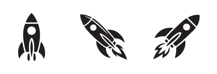 A set of five unique black vector icons depicting spacecraft in various phases of flight including launch ascent and angled trajectory © FARJANAAKTER