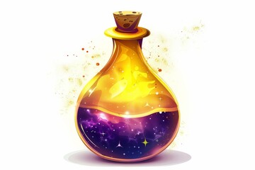 Glowing yellow magic potion bottle with starry night sky inside fantasy elixir container isolated on white background
