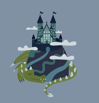 Fantasy Castle Protected by Dragon &ndash; Fairy Tale Medieval Illustration